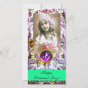 Cartão De Festividades ANTIGO PURPER DAMASK Ametist Monograma verde