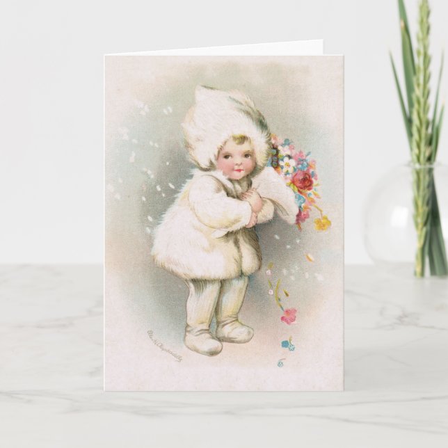 Cartão De Festividades Antique Winter Snow Baby & Flowers Greeting Card (Frente)