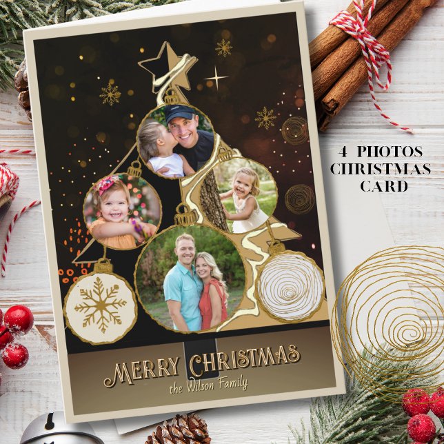 Cartão De Festividades Antiqued Brown-Black & Gold 4-Photo Christmas Tree (Antiqued Brown-Black & Gold 4-Photo Christmas Tree Holiday Card)