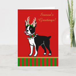 Cartão De Festividades Antlers de Natal de Boston Terrier