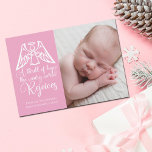 Cartão De Festividades Aproveite o Natal rosa da menina Elegante<br><div class="desc">Um anjo elegante se senta sobre as letras de Natal de O Santa Noite neste belo cartão de feriado rosa e branco. Uma emoção de esperança, o mundo cansado se regozija. Congratulo-me com este adorável cartão de nascimento religioso com uma caligrafia deslumbrante e com a sua fotografia de recém-nascidos na...</div>