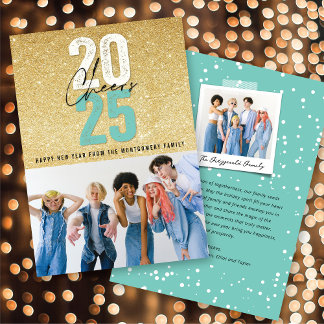 Cartão De Festividades Aqua Blue Cheers 2025 Glitter Chic Foto Ano Novo