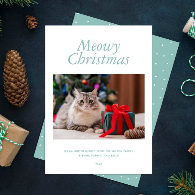 Cartão De Festividades Aqua "Meowy Christmas" - Foto personalizada (Criador carregado)