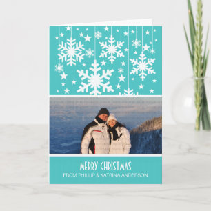 Cartão De Festividades Aqua Snowflakes Stars Photo Greeting Card