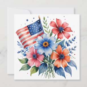 Cartão De Festividades Aquarela 4 de julho da bandeira americana e flores