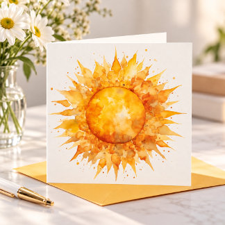 Cartão De Festividades Aquarela Amarelo Laranja Sol Luz Solar Verão