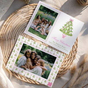 Cartão De Festividades Aquarela Árvore de Natal Foto Mahjong Rosa