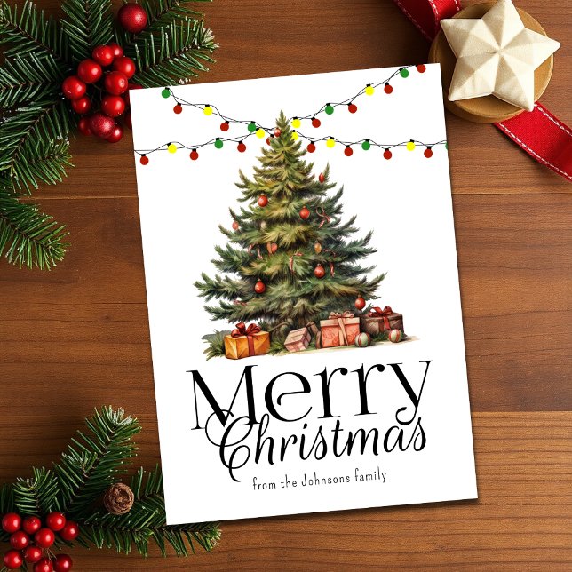 Cartão De Festividades Aquarela Árvore de Natal Tradicional não fotográfi (Criador carregado)