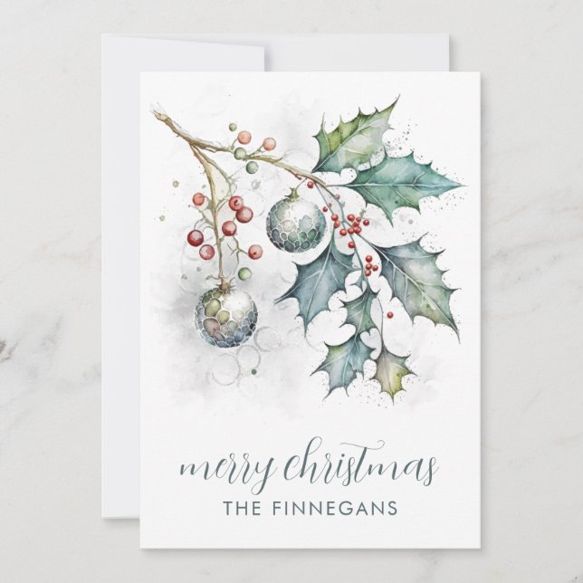 Cartão De Festividades Aquarela Azevinho E Enfeites De Natal  (Frente)