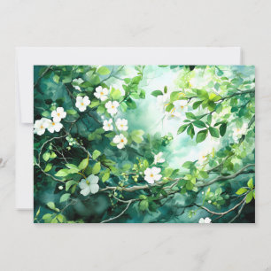 Cartão De Festividades Aquarela Botânica Flores Brancas Folhas Verdes