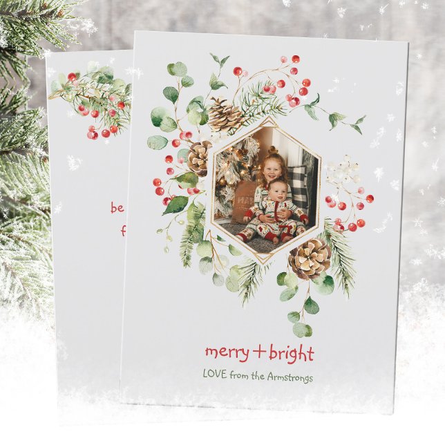 Cartão De Festividades Aquarela Botânica Frutas Vermelhas Alegre Brilhant (Botanical Watercolor Red Berries Merry & Bright Holiday Card ©Susanne Sachers - Sunny Mind 🌞)