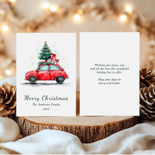 Cartão De Festividades Aquarela Carro Vermelho com Árvore e Presentes Nat