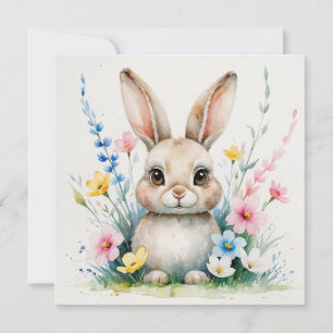Cartão De Festividades Aquarela Coelhinho Fofo e Flores