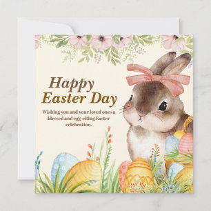 Cartão De Festividades Aquarela Coelho Floral com Laço Dia Feliz de Pásco