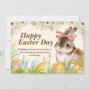 Cartão De Festividades Aquarela Coelho Floral com Laço Dia Feliz Páscoa
