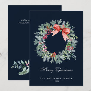 Cartão De Festividades Aquarela Coroa de Folhas de Sempre-Verde e Frutas 