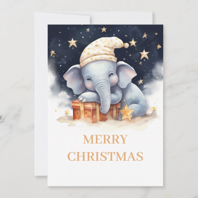 Cartão De Festividades Aquarela de Elefante de Natal (Frente)