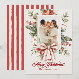 Cartão De Festividades Aquarela de Musgo e Laço 2-Foto Feliz Natal