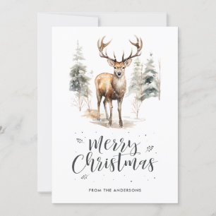 Cartão De Festividades Aquarela Deer Stag Calliografia Feliz Natal