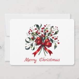 Cartão De Festividades Aquarela elegante de visco com laço vermelho
