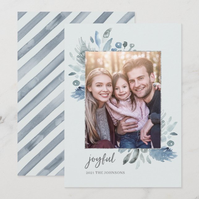 Cartão De Festividades Aquarela Elegante e Foto Russa Floral Silver H (Frente/Verso)