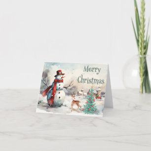 Cartão De Festividades Aquarela Feliz Natal Boneco de Neve