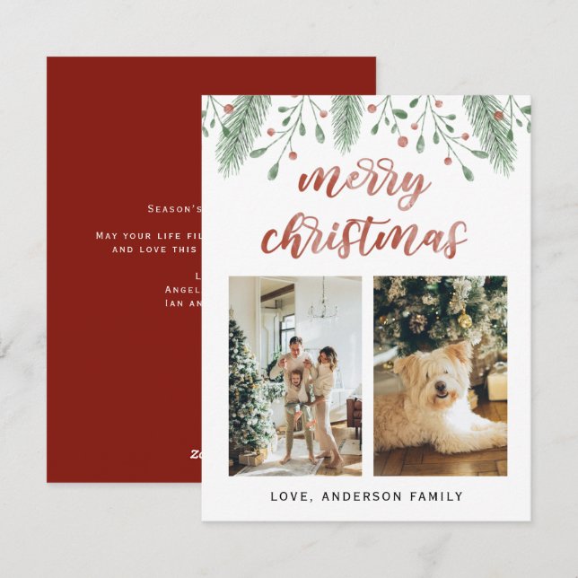 Cartão De Festividades Aquarela Feliz Natal Caligrafia Duas Fotografias (Frente/Verso)