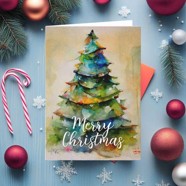 Cartão De Festividades Aquarela Festiva Árvore de Natal Feliz (Criador carregado)