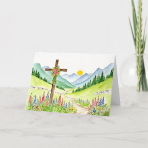 Cartão De Festividades Aquarela Flor Silvestre Montanha Cruz 3 Páscoa