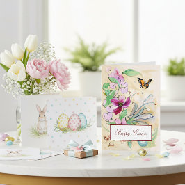 Cartão De Festividades Aquarela flores roxas e borboleta Páscoa