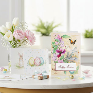 Cartão De Festividades Aquarela flores roxas e borboleta Páscoa