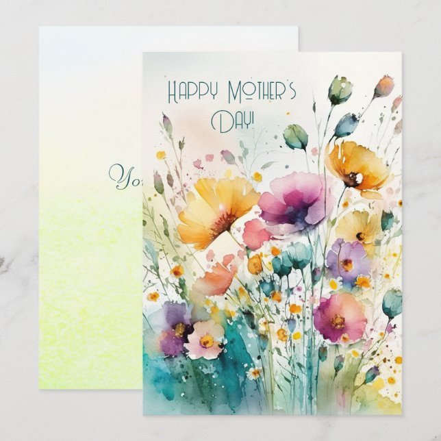 Cartão De Festividades Aquarela Flores Silvestres|Feliz Dia das Mães  (Frente/Verso)