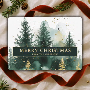 Cartão De Festividades Aquarela Floresta de Natal Verde Dourado