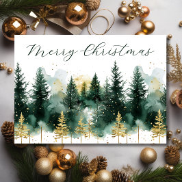Cartão De Festividades Aquarela Floresta Verde Dourada Feliz Natal