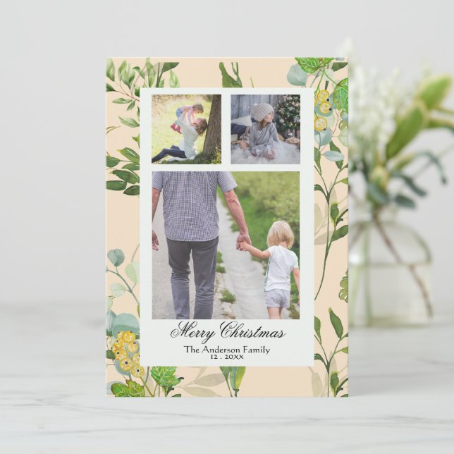 Cartão De Festividades Aquarela Folhagens & frutas 3 Foto Natal (Em pé/Frente)