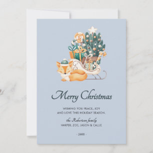 Cartão De Festividades Aquarela Fox Christmas Sleighs Blue Non-Photo