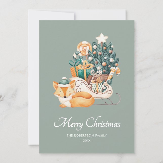 Cartão De Festividades Aquarela Fox Christmas Suspira Foto Verde (Frente)