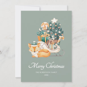 Cartão De Festividades Aquarela Fox Christmas Suspira Foto Verde