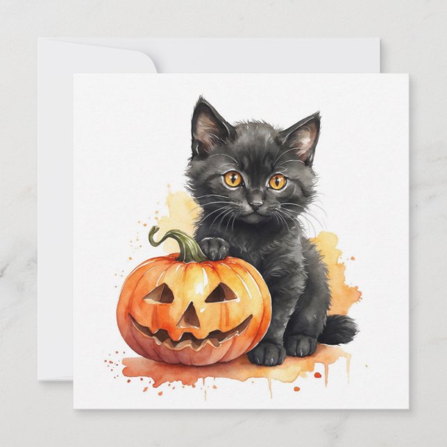 Cartão De Festividades Aquarela Halloween Gatinho Preto e Abóbora (Frente)