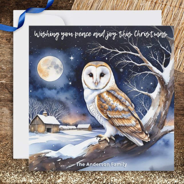 Cartão De Festividades Aquarela Inverno Neve Natureza Barn Owen Natal (A Christmas card with picture of a beautiful barn owl in snowy countryside, in a watercolor style)