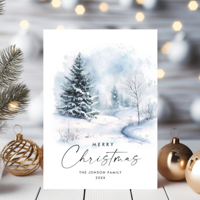 Cartão De Festividades Aquarela Inverno Paisagem Natal (Criador carregado)