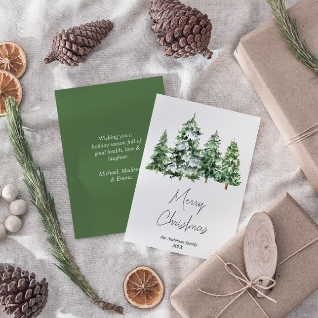 Cartão De Festividades Aquarela Inverno Pinheiros de Neve Feliz Natal (Criador carregado)