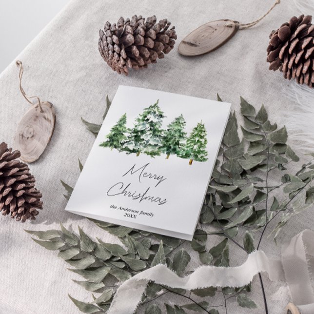 Cartão De Festividades Aquarela Inverno Pinheiros de Neve Feliz Natal (Criador carregado)