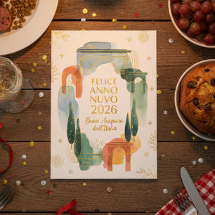 Cartão De Festividades Aquarela Italiana Arco Feliz Ano Novo 2026