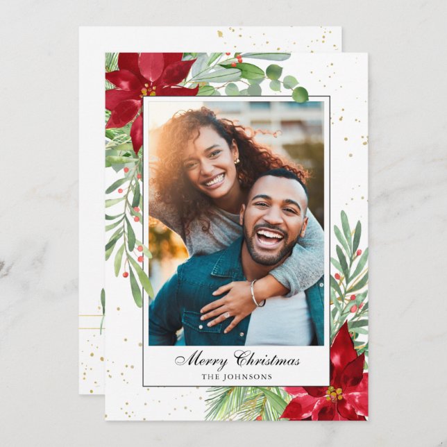 Cartão De Festividades Aquarela Natal Verde Poinsettia Festa  (Frente/Verso)
