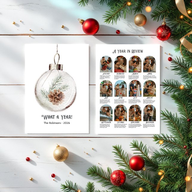 Cartão De Festividades Aquarela Neutra Ano de Revisão de Pinha de Natal (Neutral Watercolor Pinecone Year in Review Holiday Card)