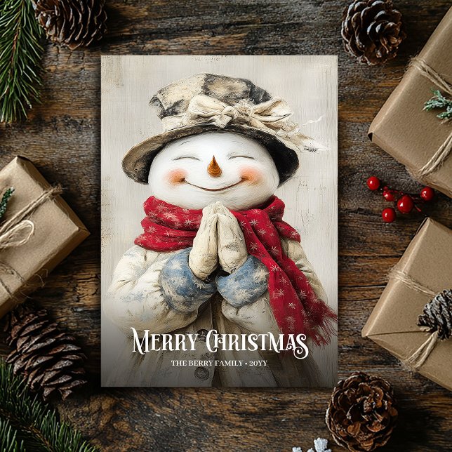Cartão De Festividades Aquarela Nostálgica Natal Vermelho Branco Boneco d (Nostalgic Watercolor Red White Christmas Snowman Holiday Card)