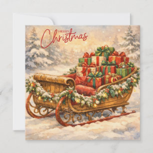 Cartão De Festividades Aquarela Papai Noel de Natal Vintage Trenó, Presen
