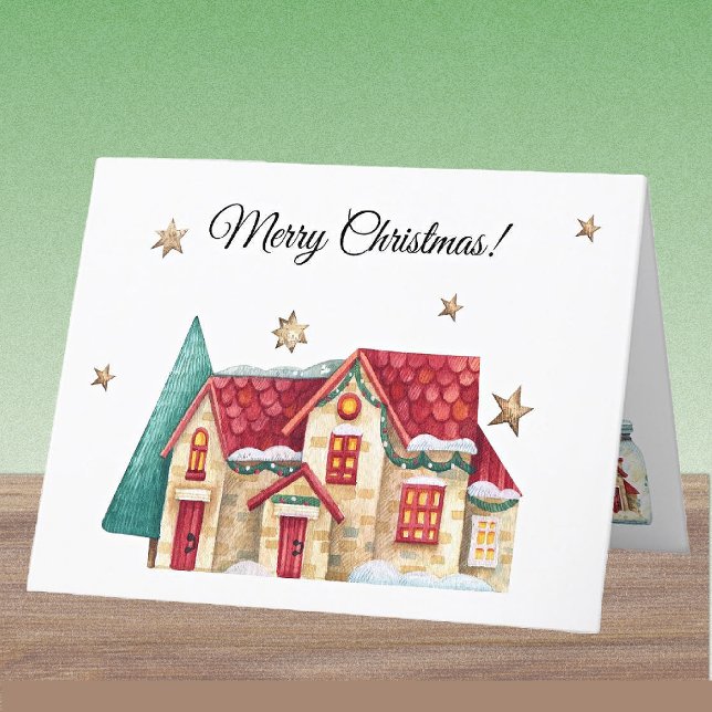Cartão De Festividades Aquarela Personalizada Casa de inverno Feliz Natal (Criador carregado)