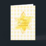Cartão De Festividades Aquarela personalizada - estrela judaica Hanukkah<br><div class="desc">Mande votos calorosos a este Chanucá com este belo cartão de saudação. Apresentando uma estrela radiante de cor d'água em tons amarelos alegres e um padrão repetitivo de estrelas, esta carta exumenta elegância festiva. Perfeito para compartilhar cartões de natal com amigos e familiares, é personalizável com seu nome de família...</div>